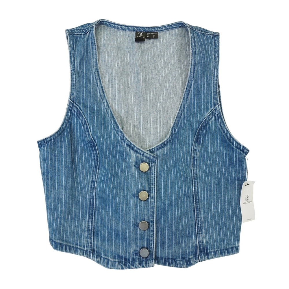 Volcom Stoned BF Vest Women XS Blue Pinstripe Denim Cropped Cinch Back Waistcoat